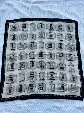 Talbots Black and Cream Windowpane Floral Border Silk Scarf